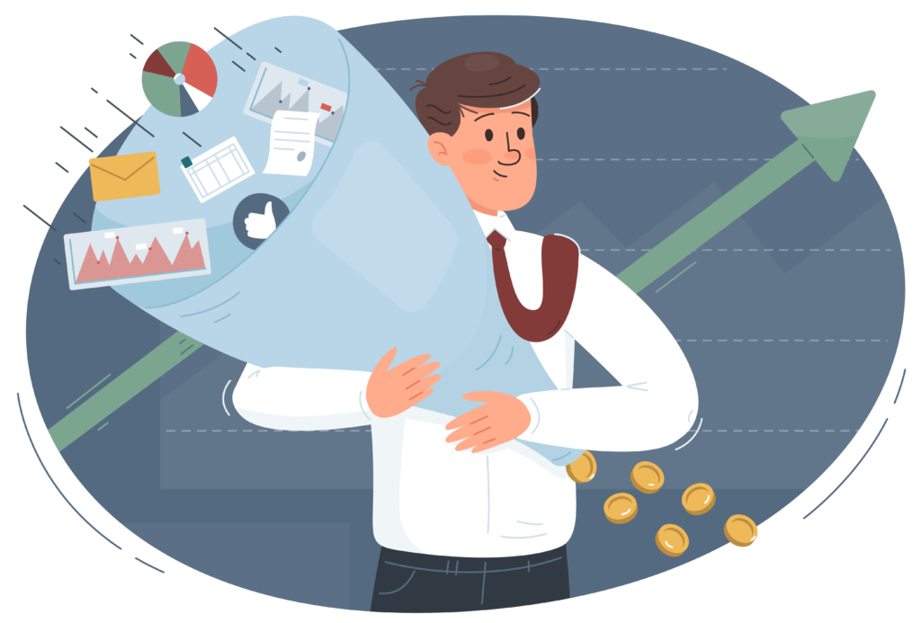 An illustration of a man holding a sales funnel to demonstrate how a sales pipeline works.