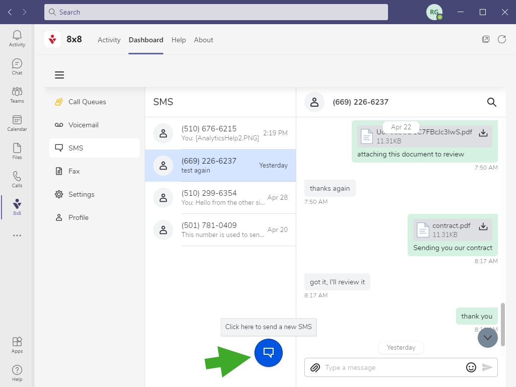 The 8x8 SMS dashboard with an arrow pointing to the option to send a new SMS.