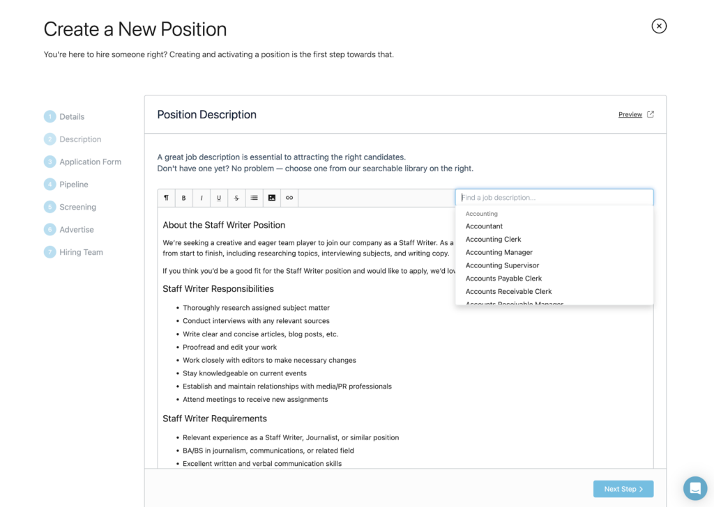 Breezy HR displays a create a new position dashboard with a text box field for adding a job description in the middle plus an open dropdown menu for choosing a job description based on a template.