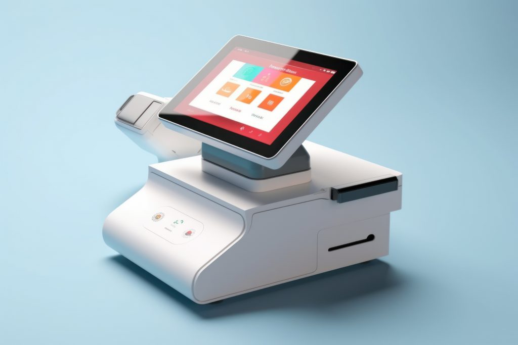 Close-up view of a modern point of sale system with touchscreen display and receipt printer, isolated on a white background.