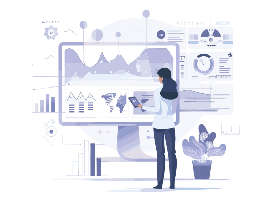 Illustration of a woman using a prescriptive analytics BI dashboard.