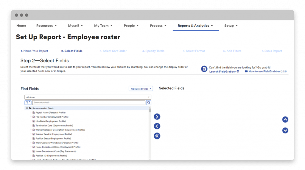 ADP displays a dashboard for configuring fields on an employee roster report.