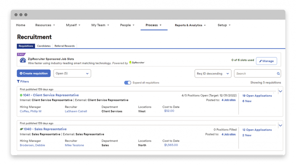 ADP displays a dashboard of open roles and their respective hiring managers, recruiters, departments, locations, and costs to date.