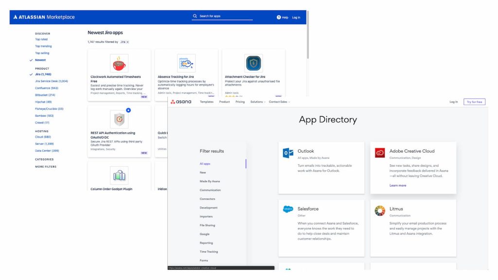 Screenshots of Asana's App Directory and Jira's Atlassian Marketplace.