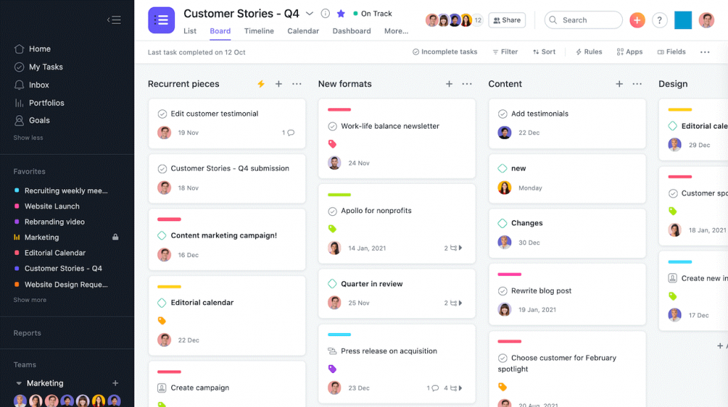 Screenshot of Asana’s board view displaying a Customer Stories tasks for Q4, where tasks were grouped according to their types.