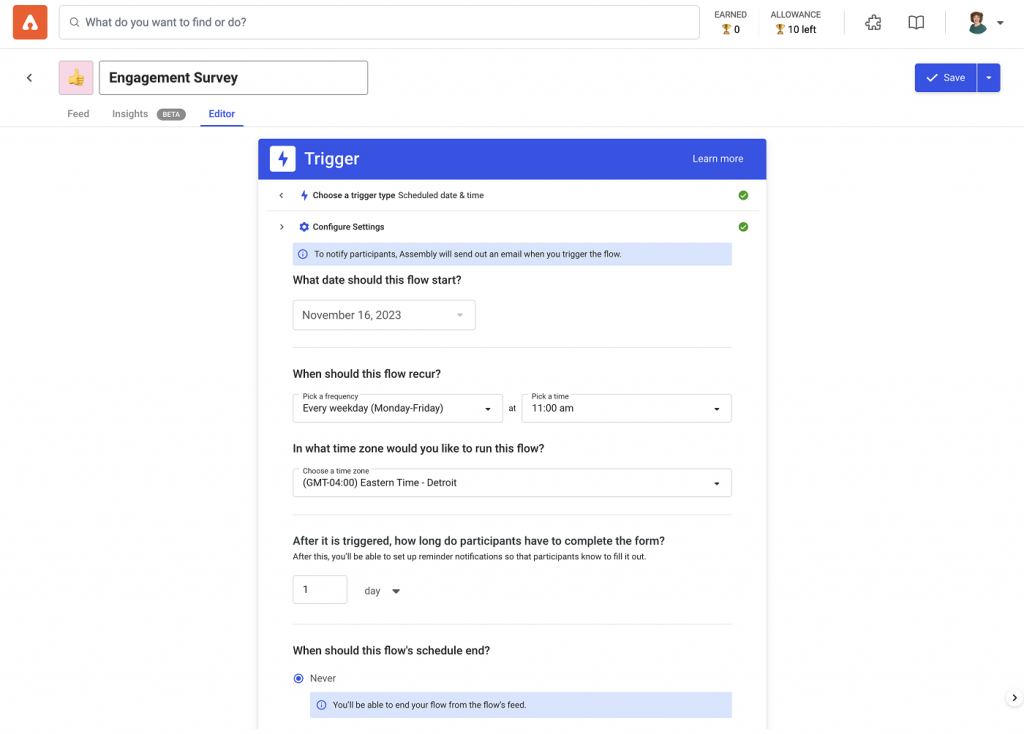 Assembly displays a configuration panel for automating a recurring employee engagement survey.