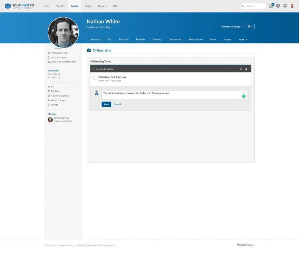 BambooHR displays an offboarding checklist with a reminder to schedule the employee's exit interview.