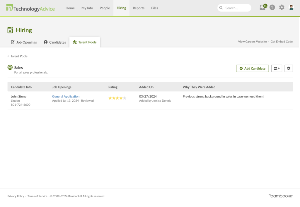 BambooHR displays a talent pool dashboard for sales professionals with a candidate named John Stone listed, plus the job opening they applied for, star rating, added-on date, and the reason they were added.