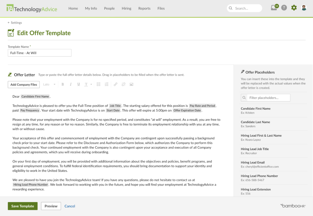 BambooHR displays an edit offer letter template dashboard with a sample offer letter with gray boxes interspersed throughout the text, like the candidate's first name, job title, and start date, as placeholders.