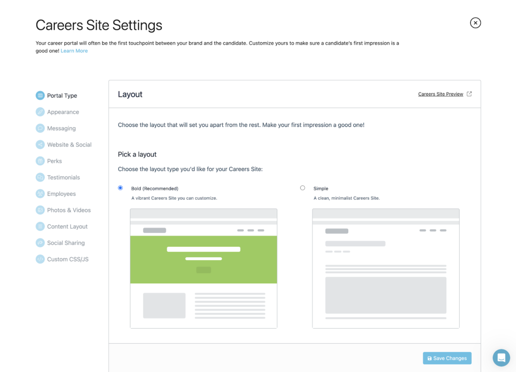 Breezy HR displays a careers site settings dashboard with settings like portal type, appearance, messaging, website and social, perks, and content layout listed on the left, plus instructions for picking between a bold or simple website layout in the middle.