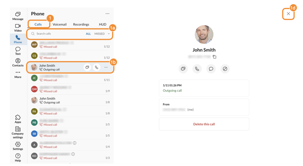 The RingCentral desktop app interface for call logs.