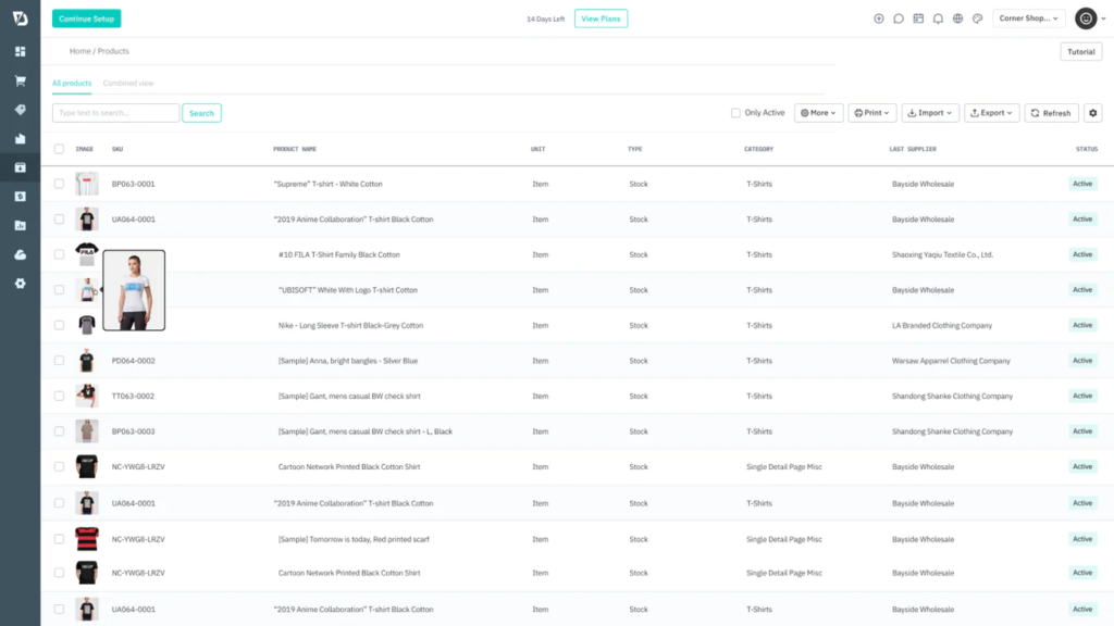 The Cin7 web app showing a list of products with corresponding photo, SKU number, unit type, category, and supplier.