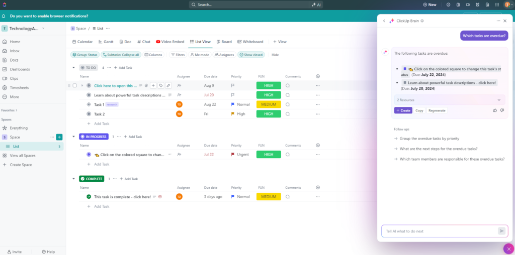 ClickUp Brain, an AI tool, opens in a right-side window with a list of overdue tasks in a workspace with a project in the background of the platform.