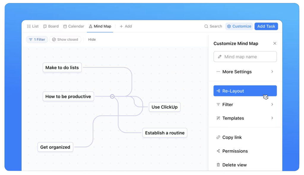 ClickUp's Re-layout feature reorganizes mind maps for clarity.