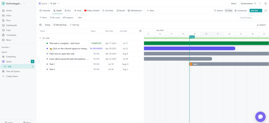 A Gantt chart in a ClickUp project that shows a variety of tasks in different stages.