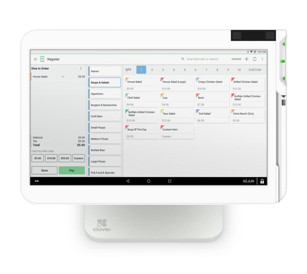 Clover hardware checkout screen displaying sample shortcuts and transaction.