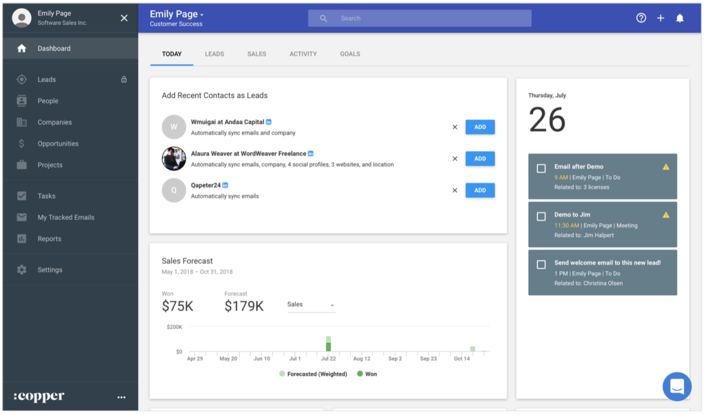 Copper profile dashboard.