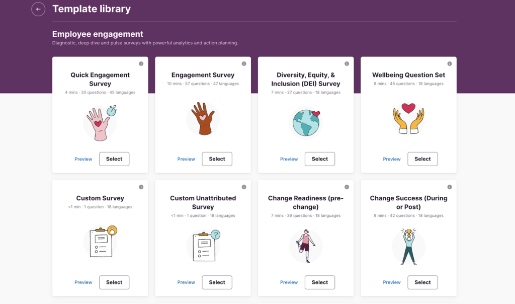 Culture Amp displays a survey template library with surveys for engagement, DEI, well-being, and change success.