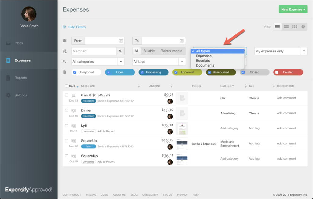 A screenshot of Expensify showing how users can easily upload or scan receipts and submit them for reimbursement.