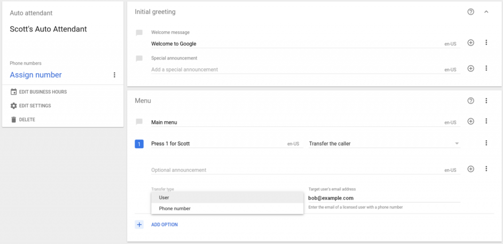 Google Voice configuration settings for auto-attendant.