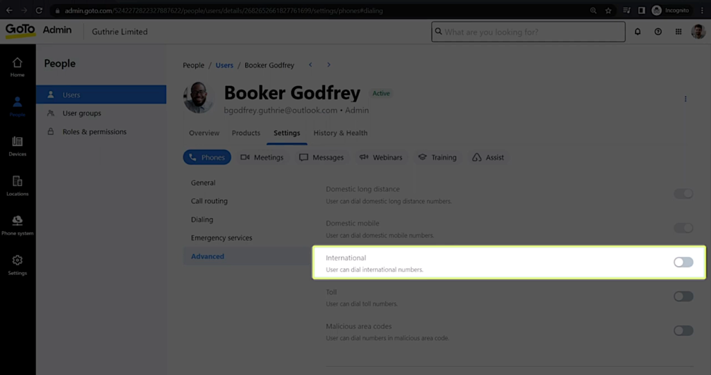 GoTo Connect admin page with a highlight on enabling international calling.