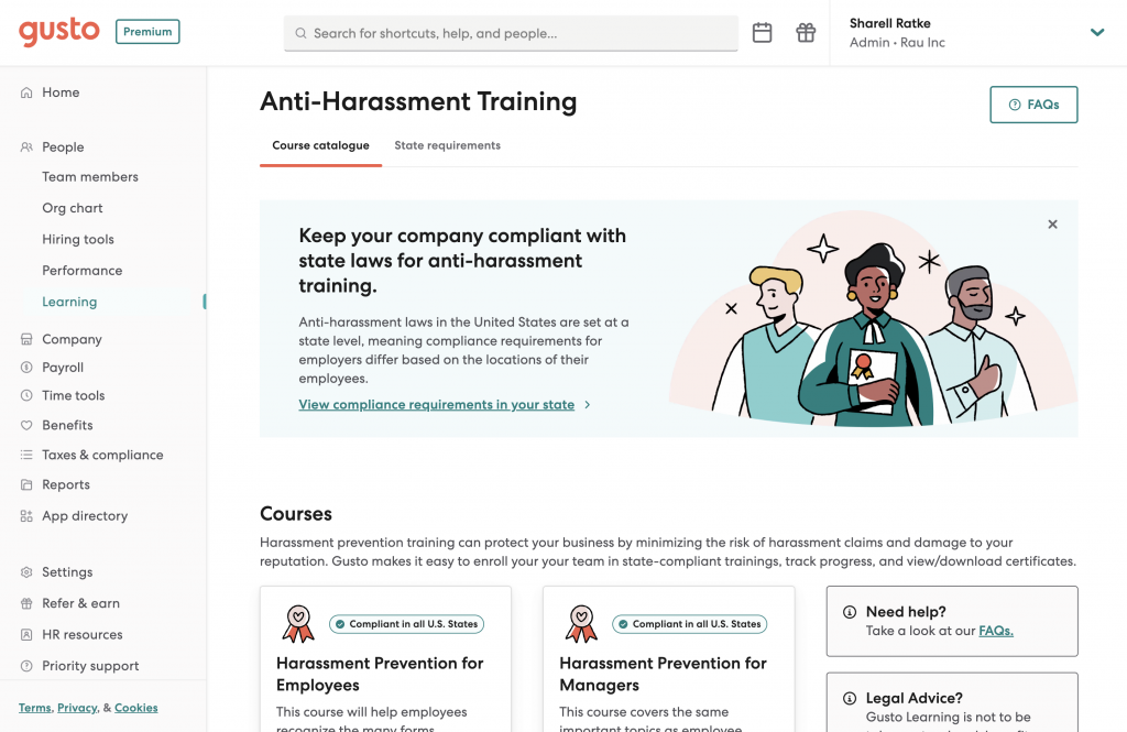 Gusto displays a dashboard with harassment prevention training courses for employees and managers.