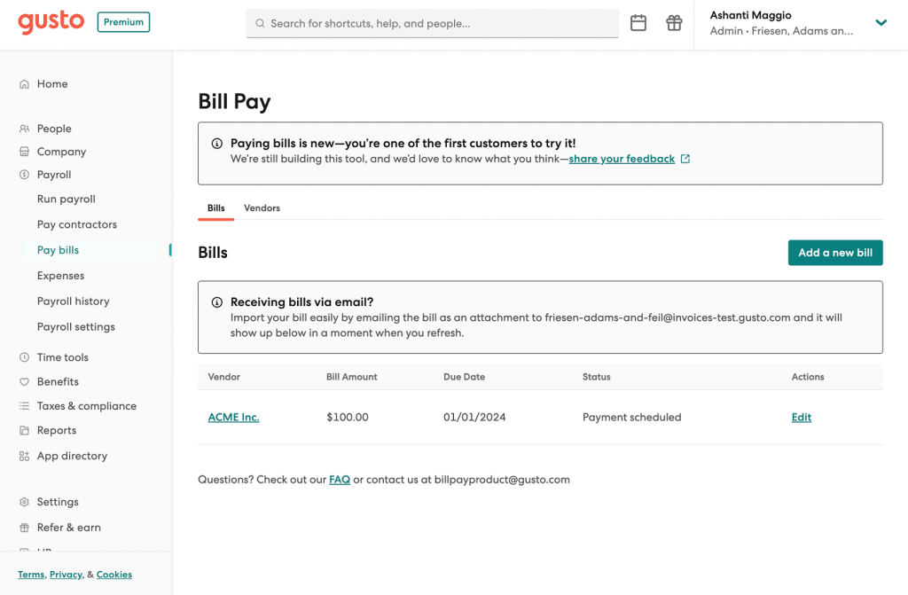 Gusto displays a bill pay dashboard with a payment of $100 scheduled for ACME Inc. on January 1, 2024.