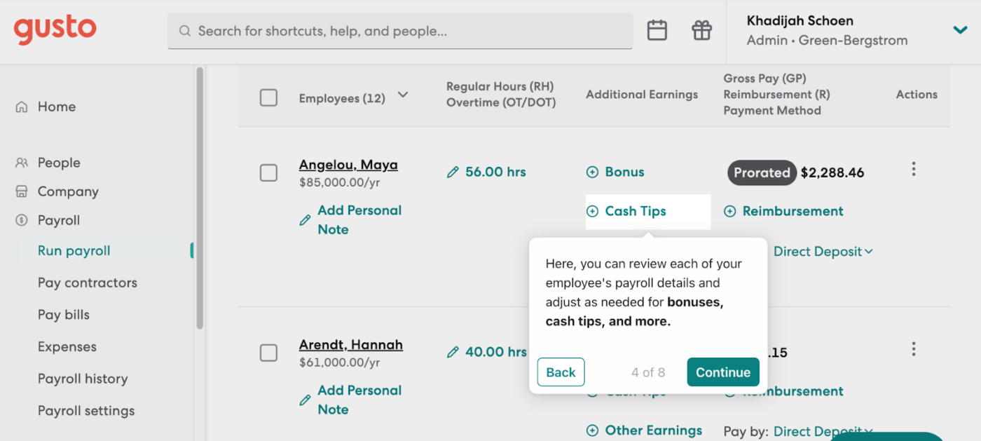 Gusto displays prompts to help the user process payroll.