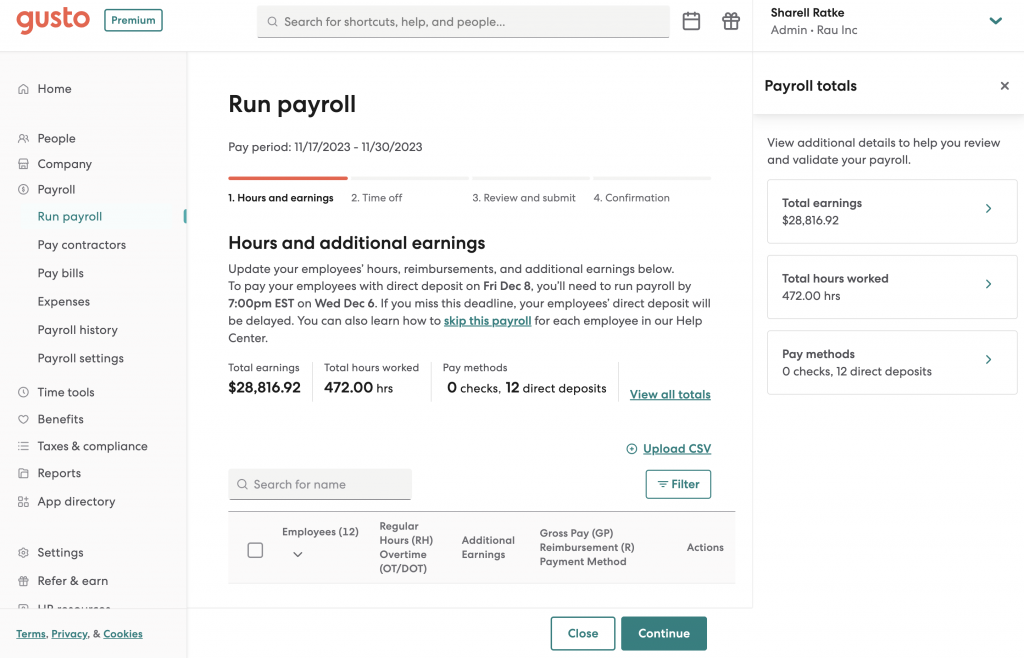 Instructions to update employee hours, reimbursements, and additional earnings appears beside buttons to review a company’s total payroll earnings, hours worked, and pay methods.