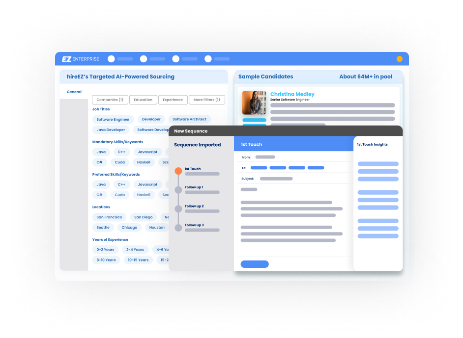 HireEZ dashboard enables automated candidate follow-up email sequences.