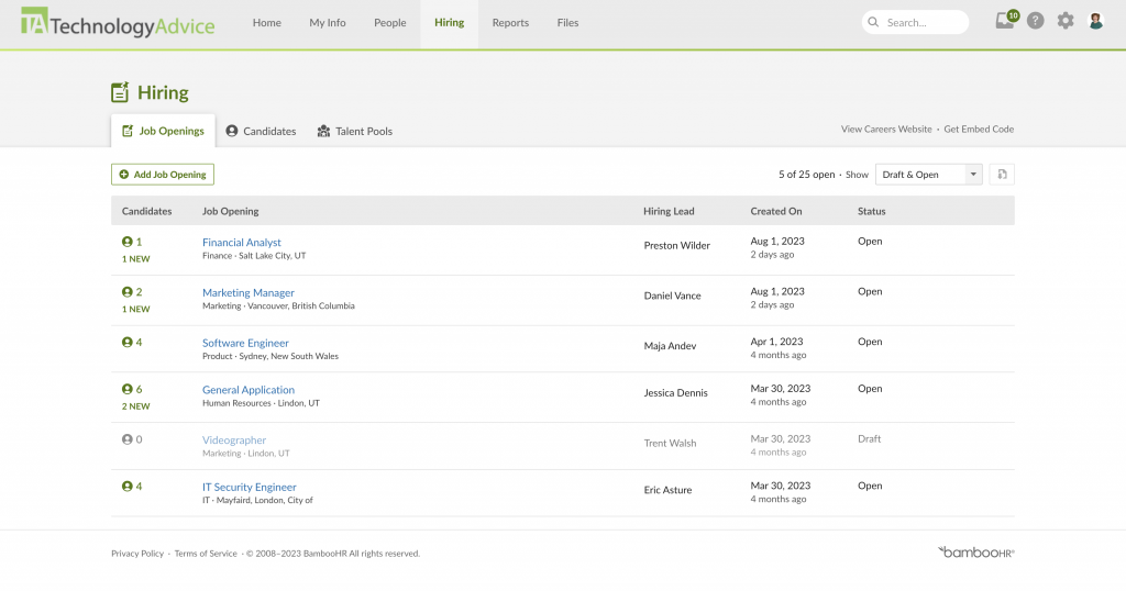 BambooHR displays a hiring overview dashboard with tabs for job openings, candidates, and talent pools at the top and a list of open positions below, such as financial analyst and marketing manager.