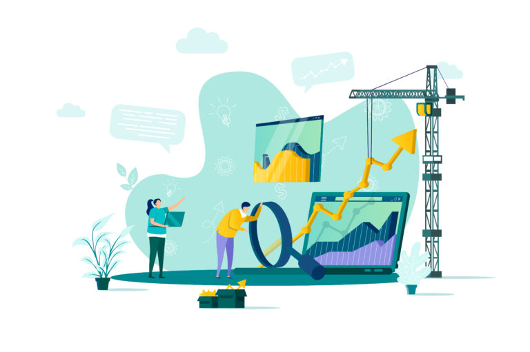 Illustration of colorful charts and a magnifying glass to show data analysis.