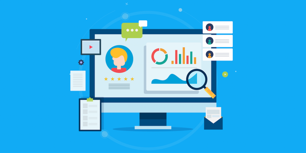 Illustration of a CRM software with a dashboard displaying project management metrics.