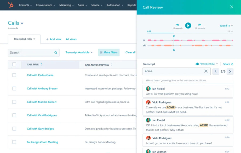 HubSpot call logs.