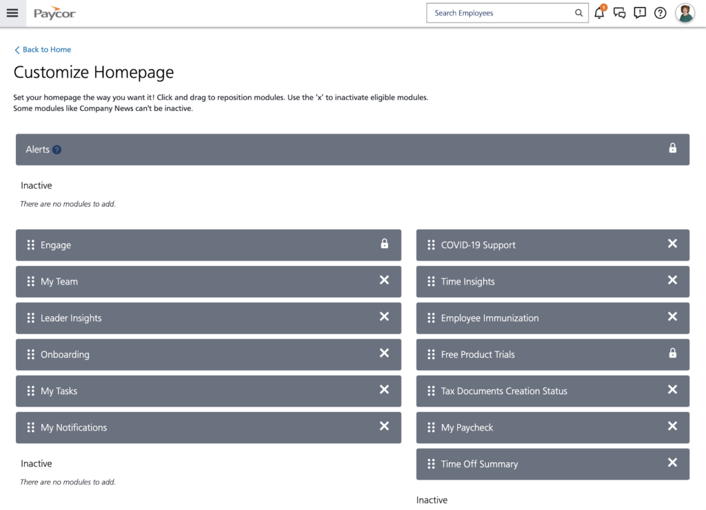 Paycor displays a list of modules like engage, my team, leader insights, my tasks, and alerts, plus buttons to rearrange them on the page.