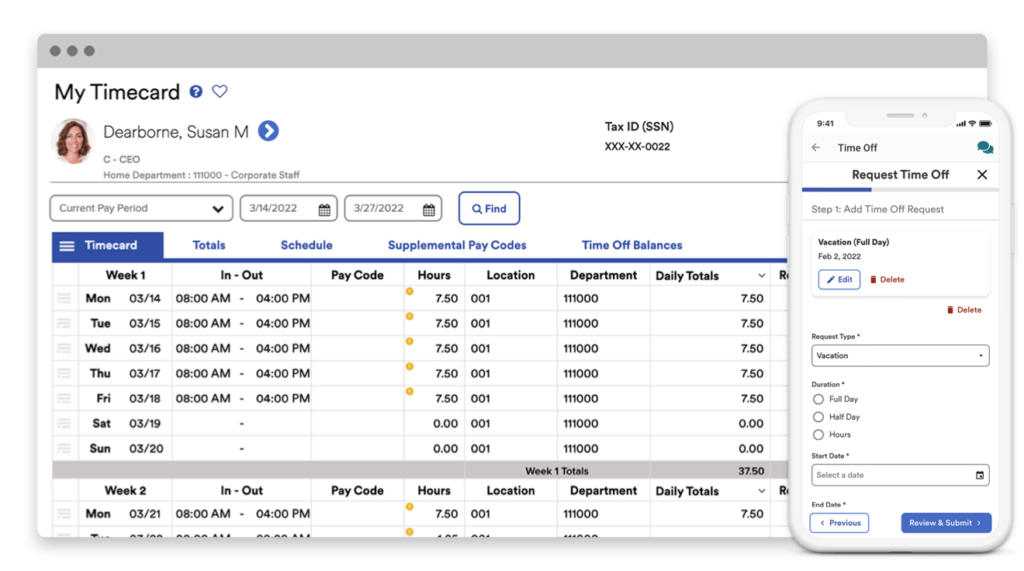 ADP displays an employee's timecard on a desktop window and a time off request form on a mobile app.