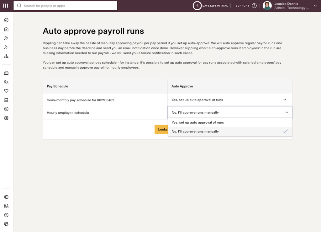 Rippling displays a screen with instructions on turning on auto-approve payroll runs and a list of payroll schedules with dropdown menus for choosing whether auto-approve is off or on.