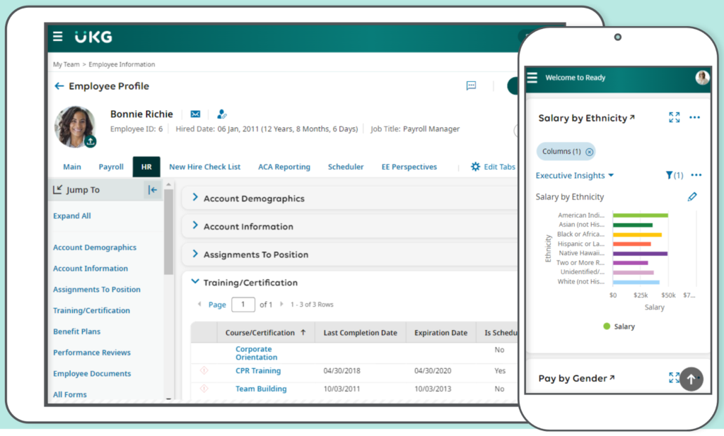 A tablet shows a view of UKG Ready’s employee profile with closed accordions for account demographics, account information, and assignments to position, plus an open accordion with training/certification information visible; the tablet displays a horizontal bar chart of salary by ethnicity.