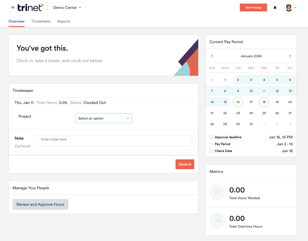 TriNet HR Platform displays its employee time clock dashboard with a dropdown menu to select projects, a text field to write notes, and a clock-in button in the middle.