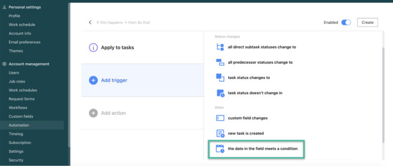 Wrike interface showing the automation builder with the "Add trigger" highlighted and "the date in the field meets a condition" in a green box.