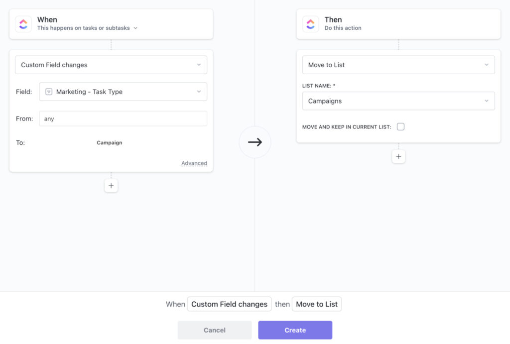 ClickUp interface showing the workflow automation builder with input fields for triggers and actions