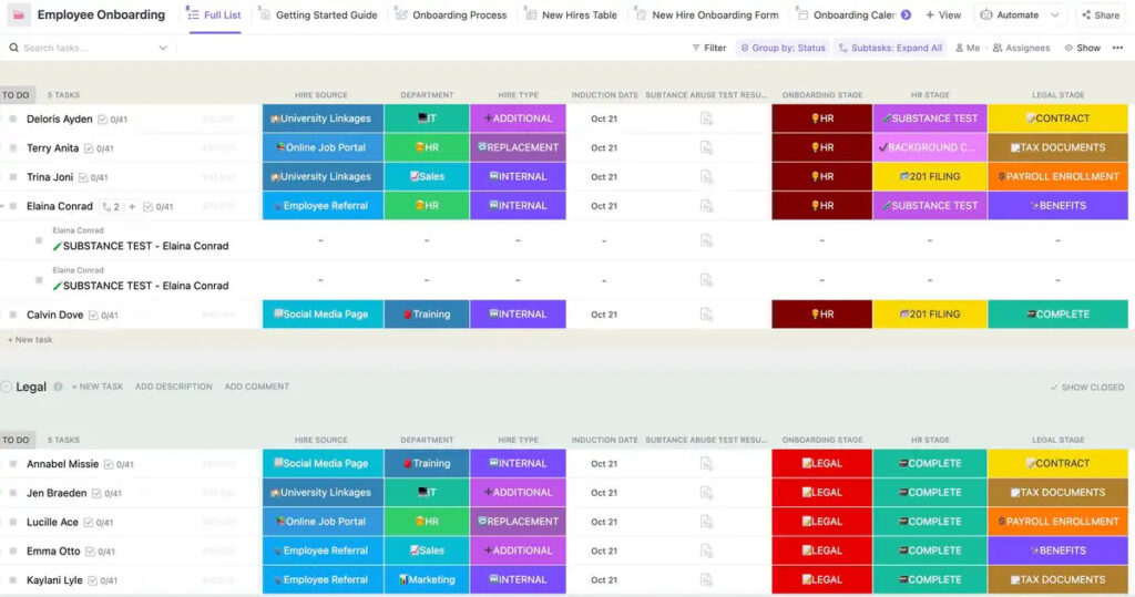 ClickUp interface showing the "Employee Onboarding" project board.