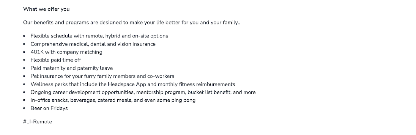 Screenshot of a job description segment that includes information about the role's compensation and benefits.