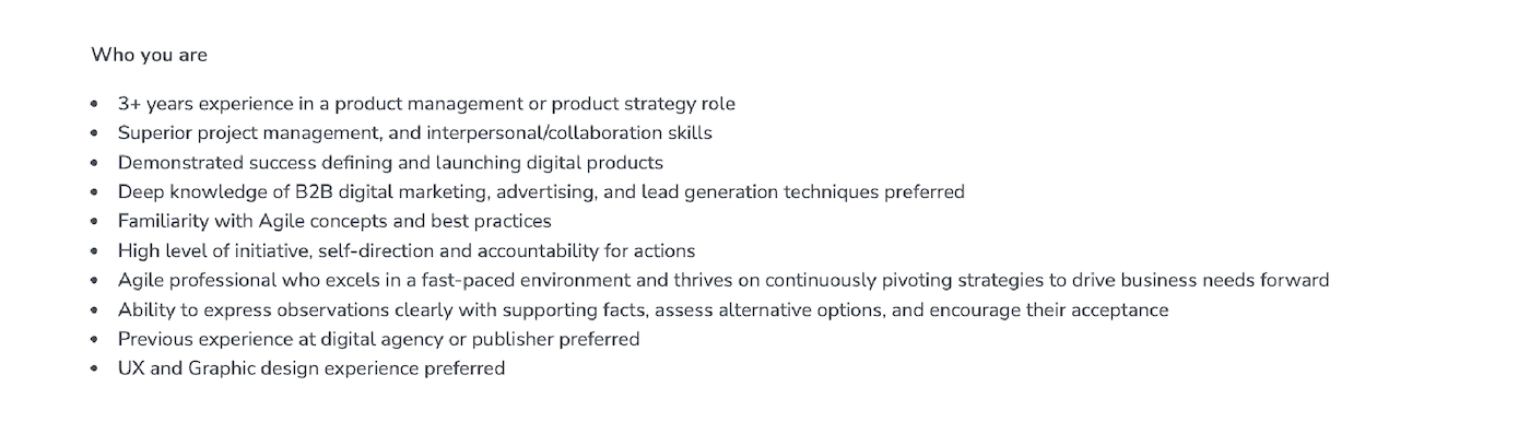 Screenshot of a job description segment that includes the relevant qualifications.