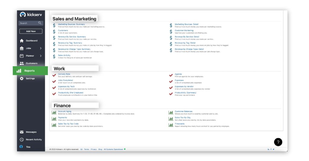 Screenshot of kickserv field service management software dashboard.