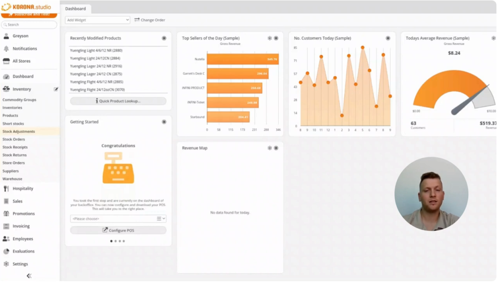 KORONA POS inventory adjustment dashboard.