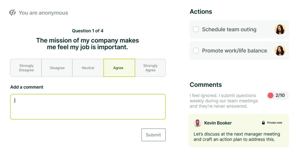 Lattice displays a survey with the statement, "The mission of my company makes me feel my job is important" above a Likert scale and a text box to add a comment; on the right are checkboxes to schedule a team outing or promote work/life balance.