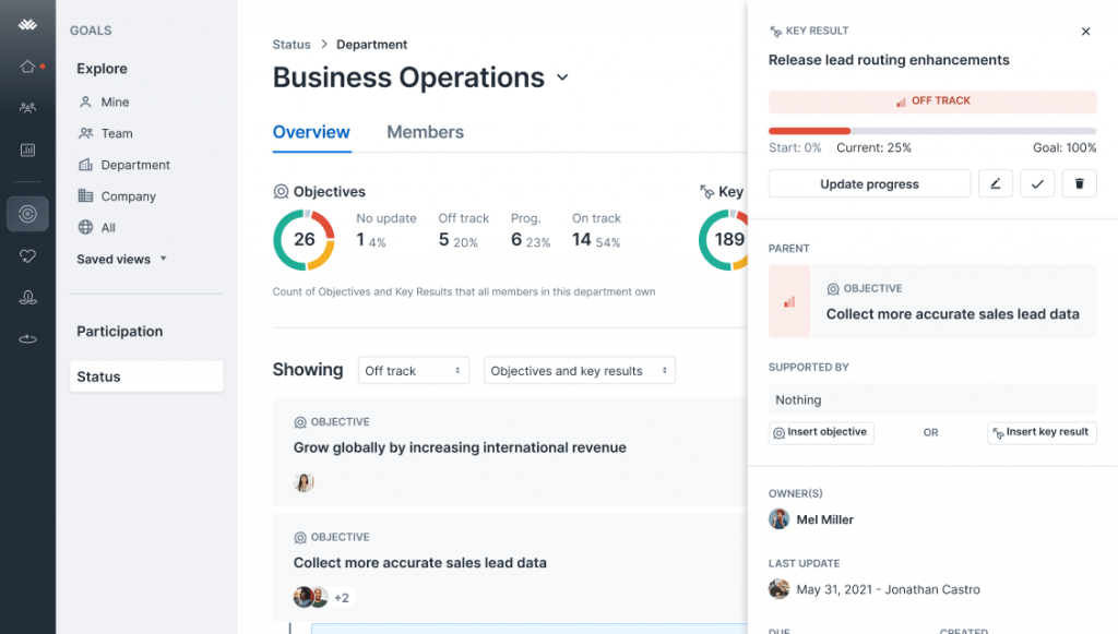 The Lattice platform shows a detailed view of a company's business goal to demonstrate progress and edit ability.