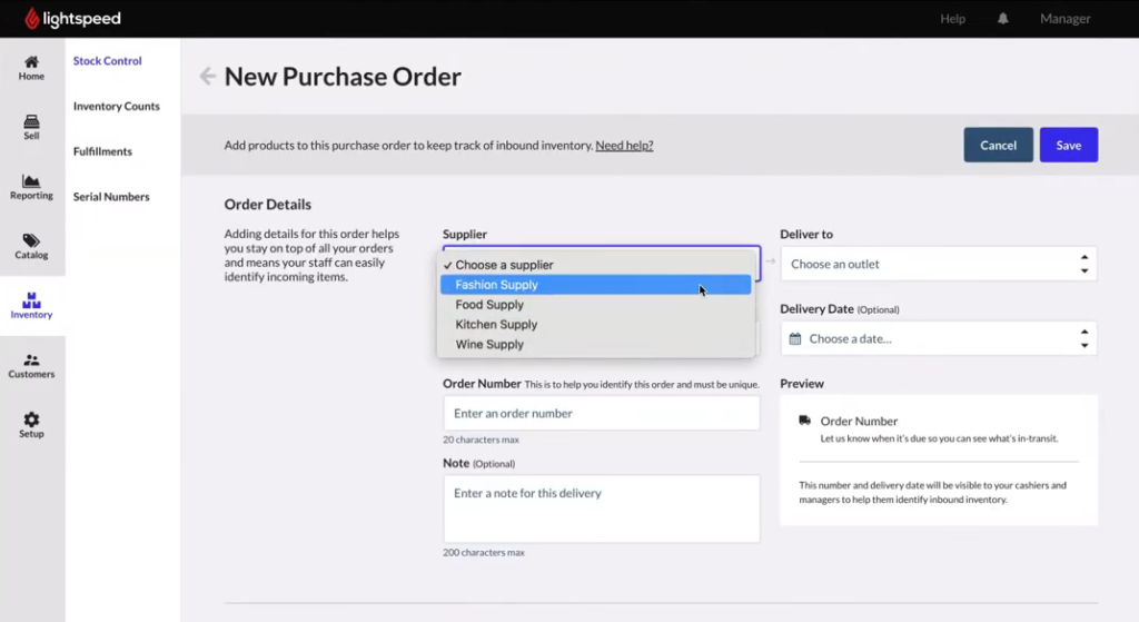 Create purchase orders within Lightspeed.