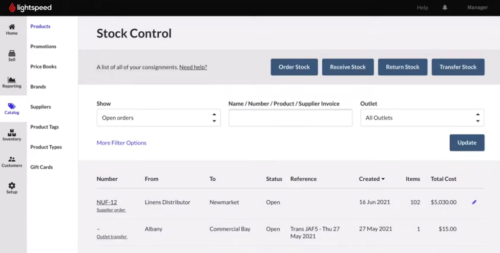 Lightspeed's catalog and stock control features.